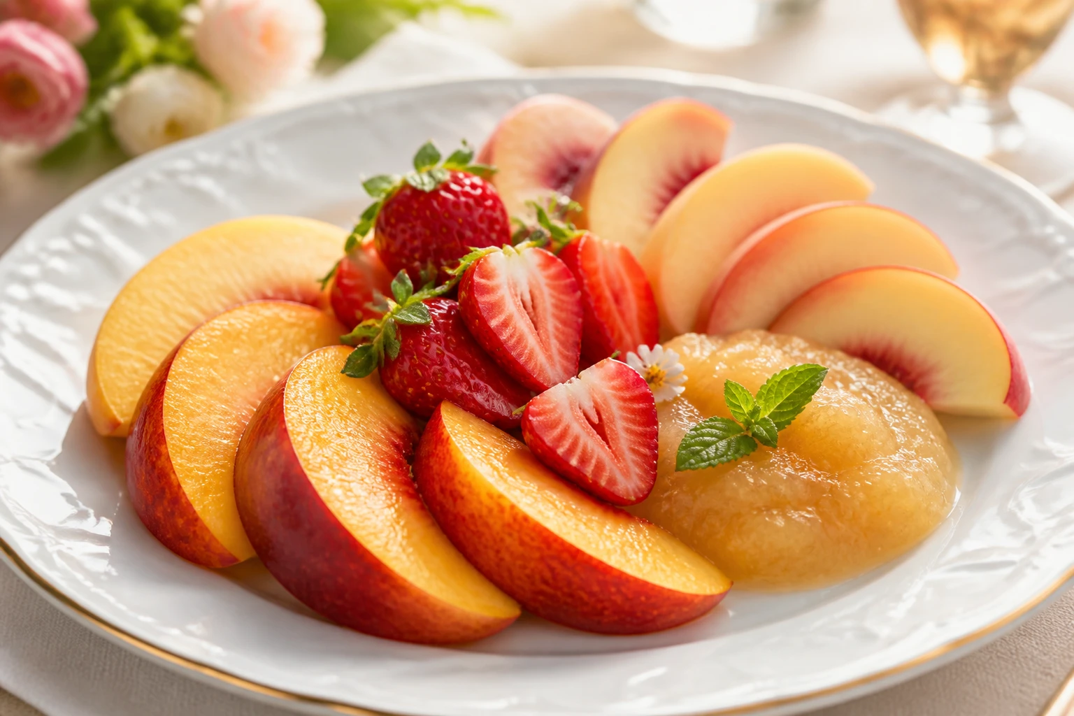 Gegrilde Perziken en Nectarines met Aardbeien en Appelmoes