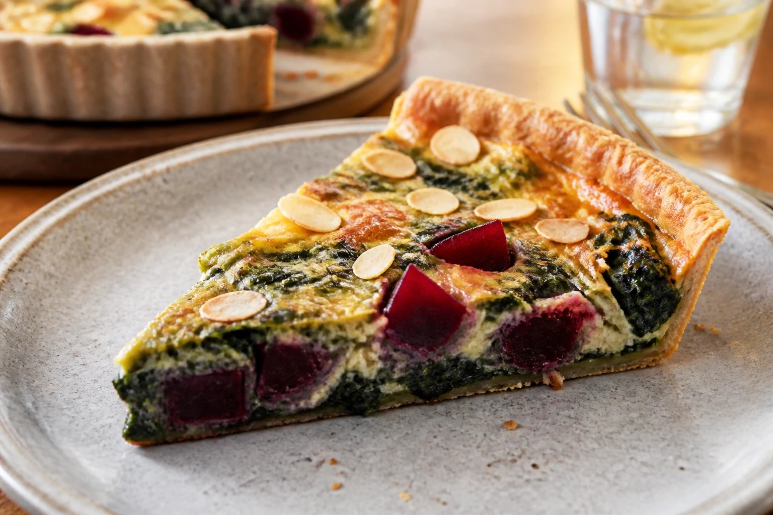 [Avondeten] Quiche met gestoofde spinazie, rode biet en geroosterde amandelen