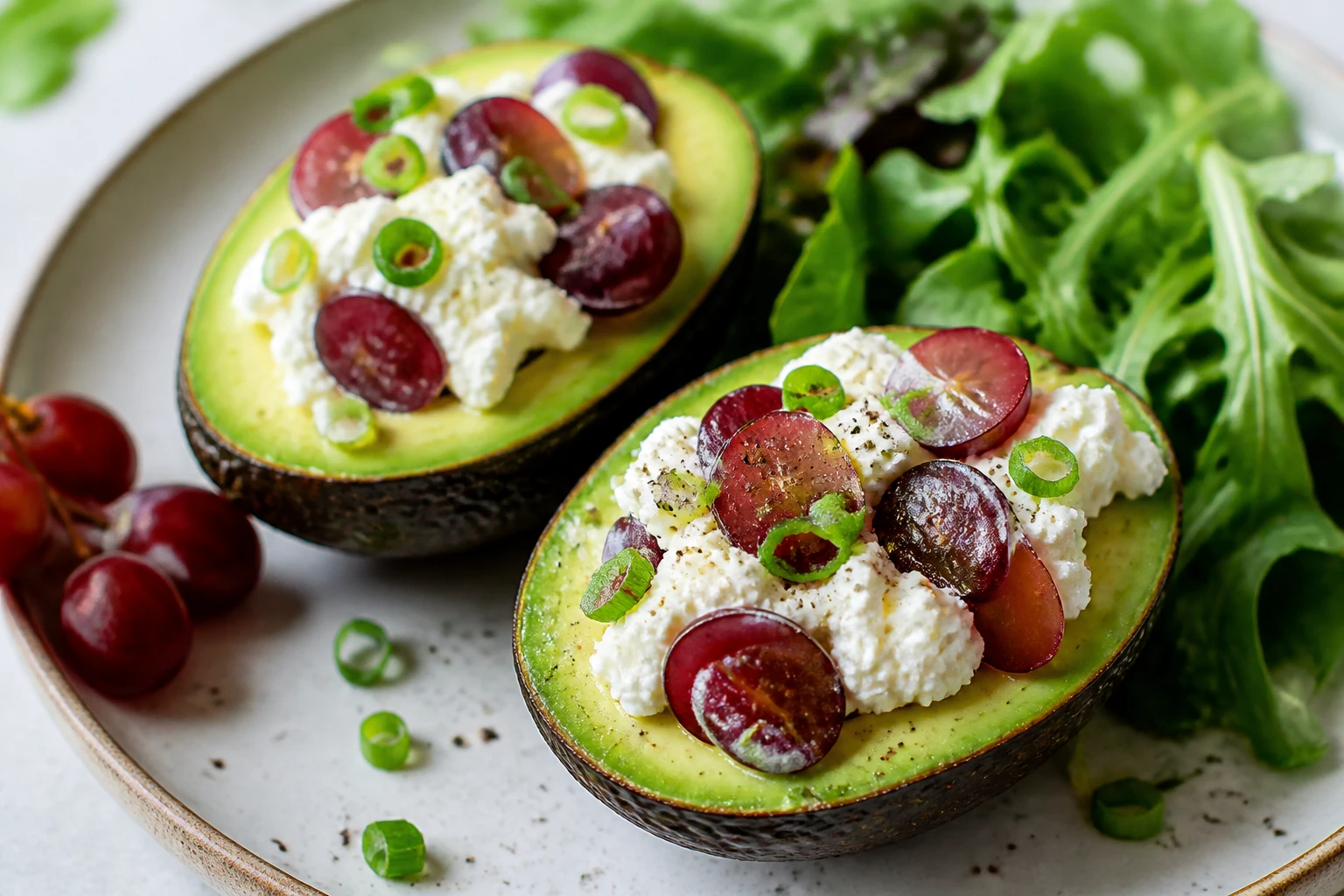 [Lunch] Gevulde avocado met ricotta, druiven en bosui