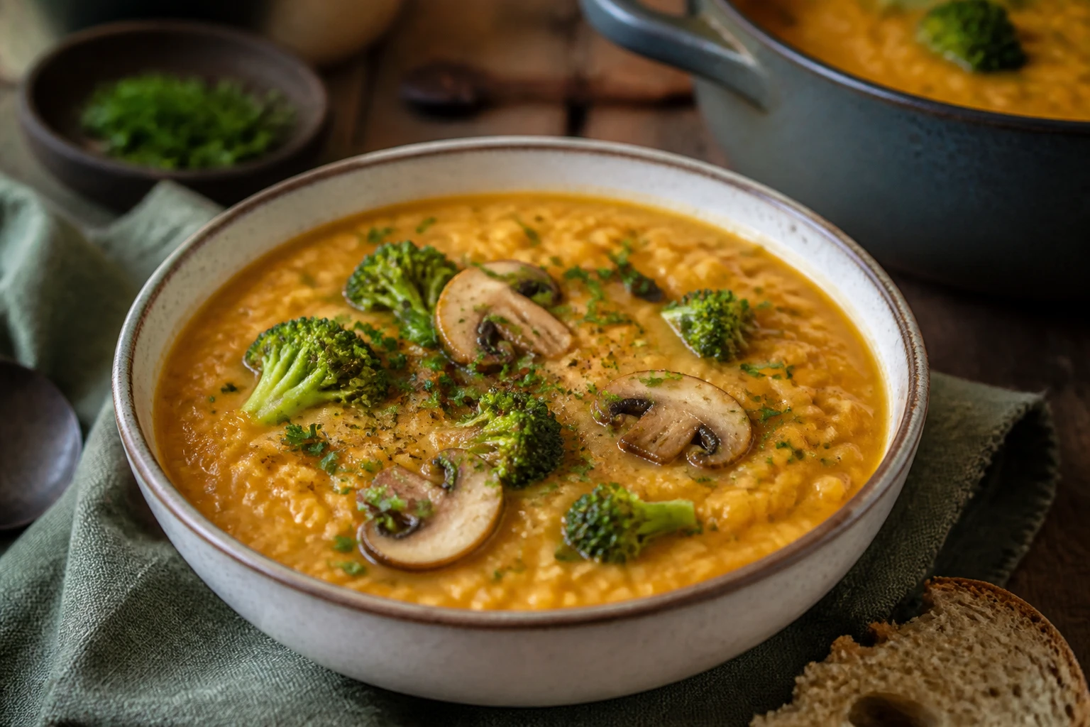 [Lunch] Pompoen-linzensoep met kastanjechampignons en broccoli