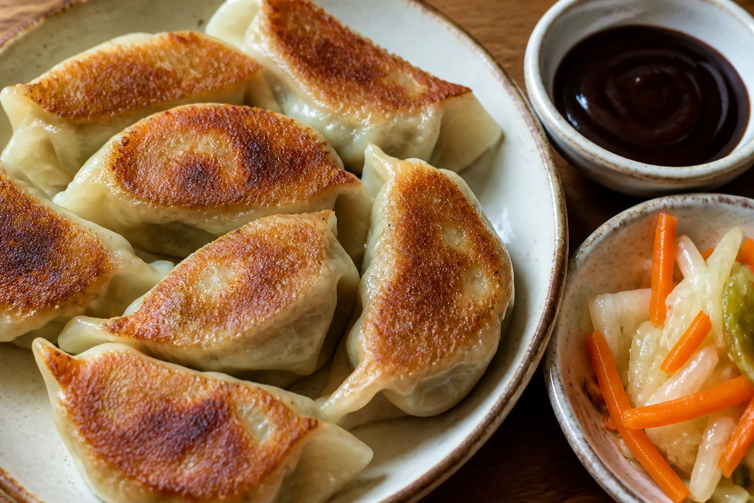 [Lunch] Pan-Gebakken Paddenstoel & Groente Dumplings met Hoisin Dip en Ingelegde Groenten