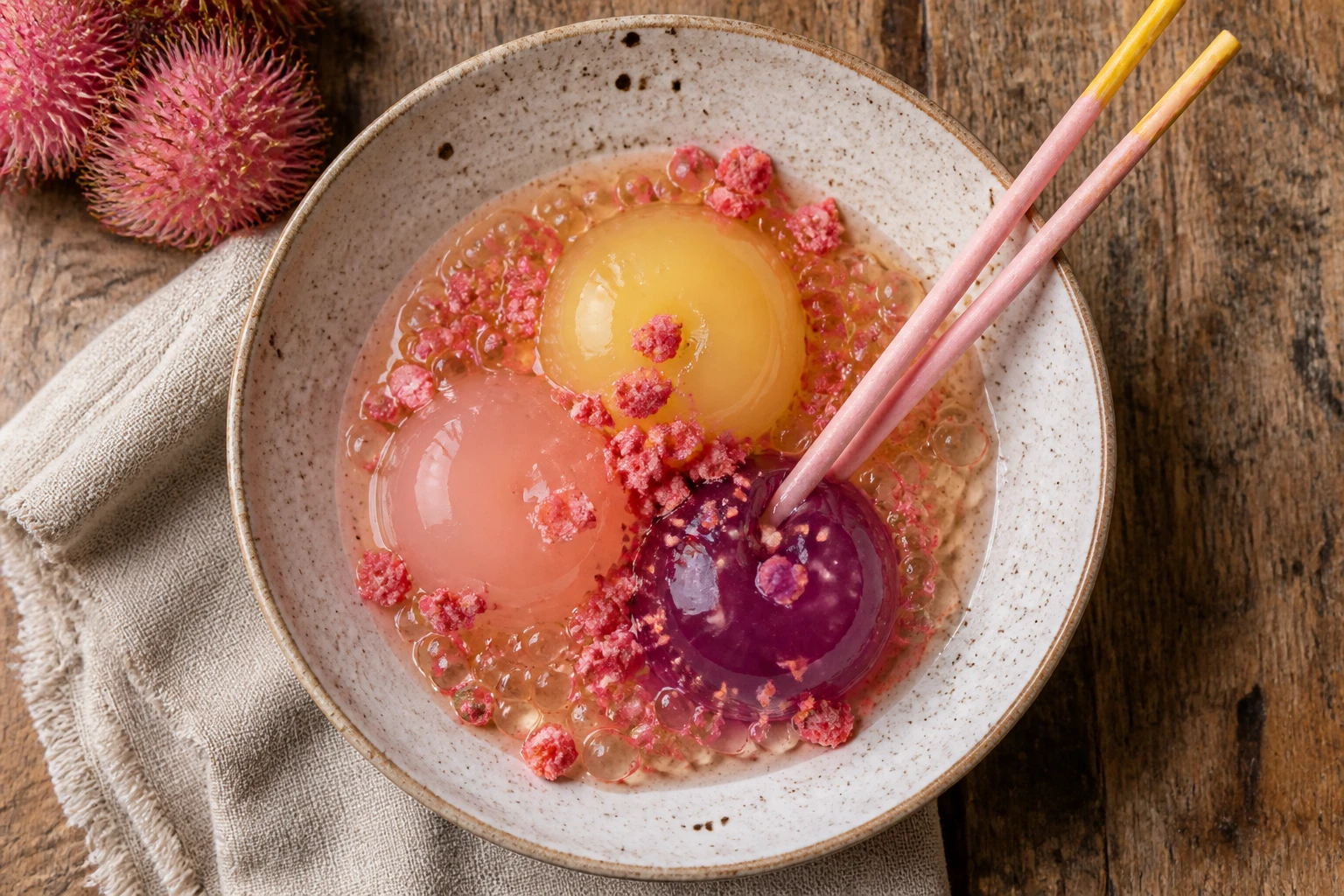 [Toetje] Konjac Jelly Trio met Rambutan-Ananas en Pocky-Kruim