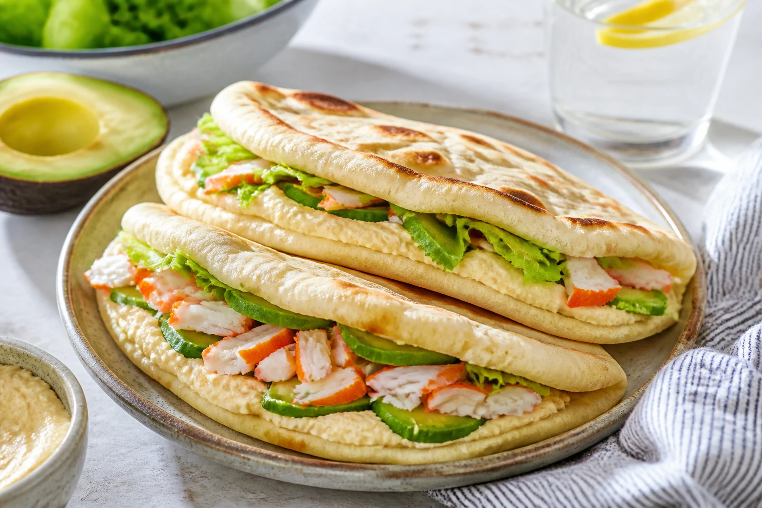 [Lunch] Naanbroodje met hummus, avocado en surimisticks