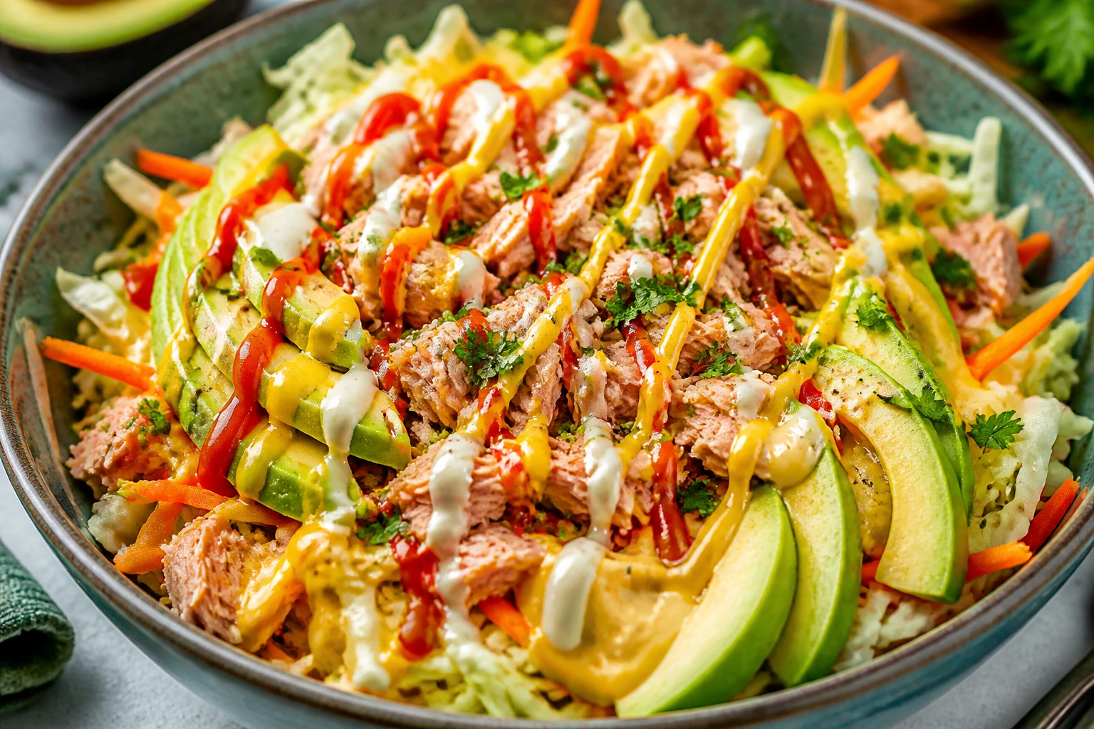 [Avondeten] Frisse spitskoolsalade met tonijn, avocado en hummusdressing