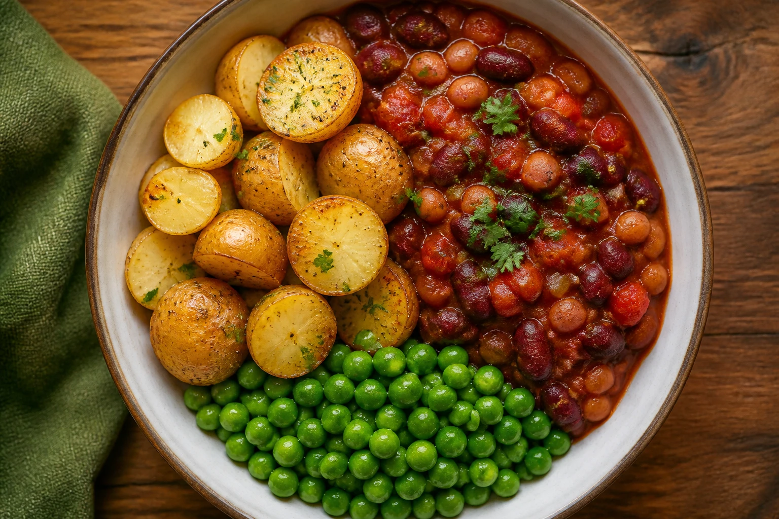 [Lunch] Warme lunchbowl met Mexicaanse bonenschotel, doperwtjes en mini krieltjes