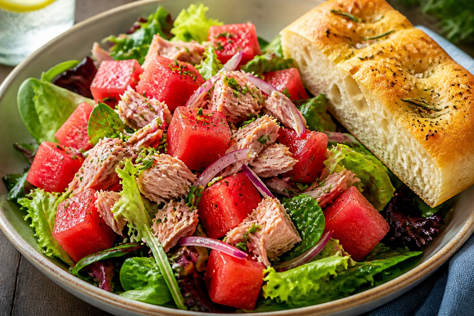 Tonijnsalade met Watermeloen op Focaccia