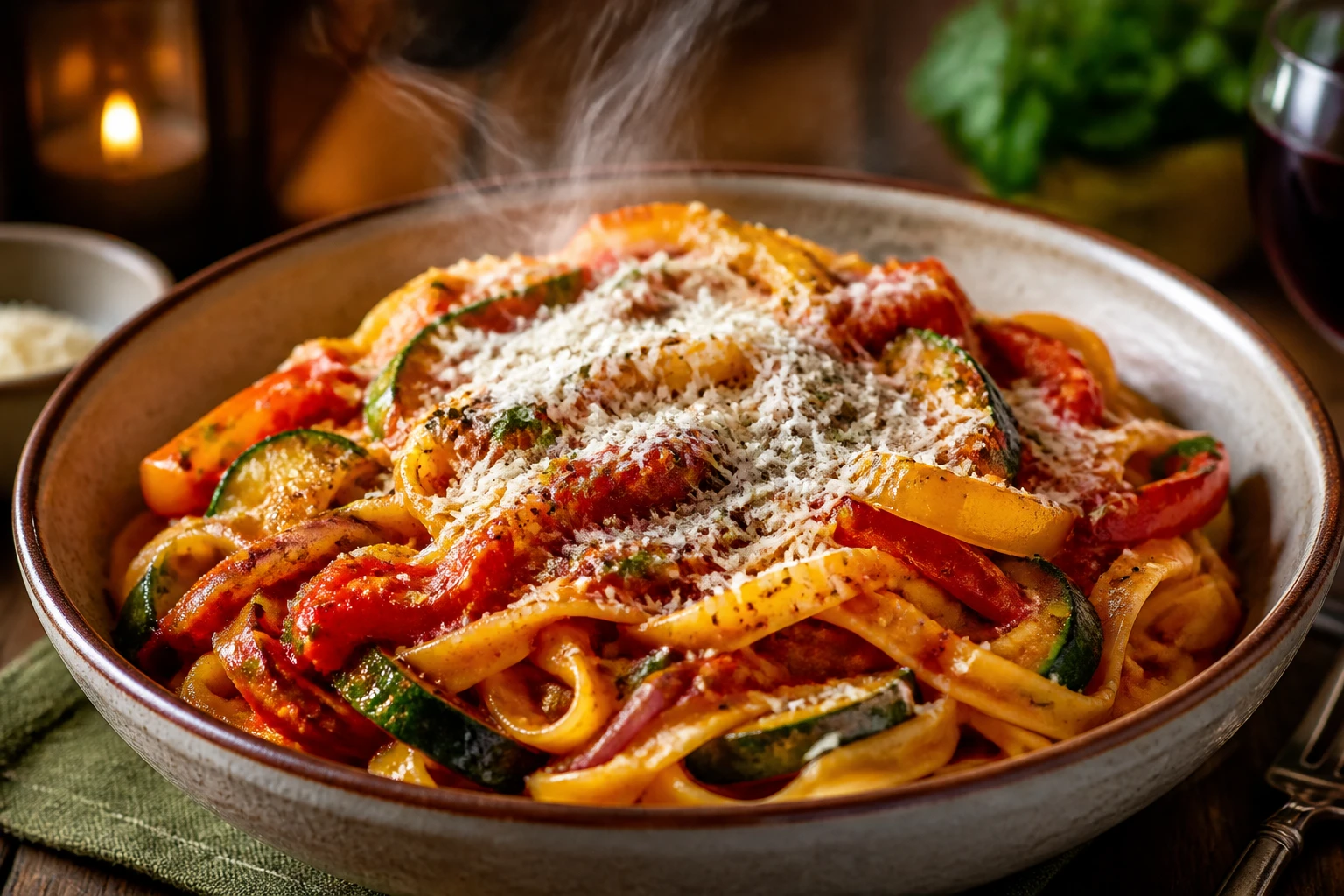 Verse Pasta met Tomatensaus, Roerbakgroenten en Kaas